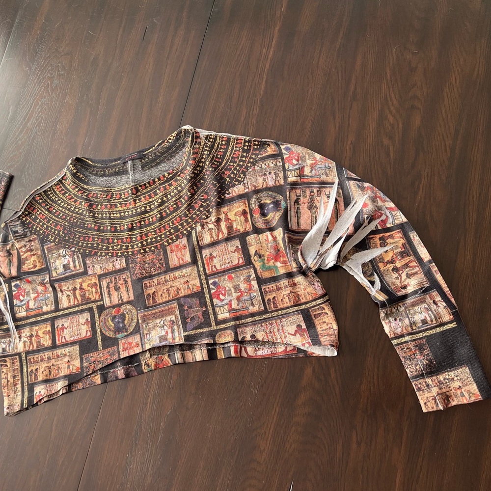 Blush Black/Brown/Beige/Mixed Egyptian Theme Artsy Print Knit Cropped Top - Picture 7 of 16